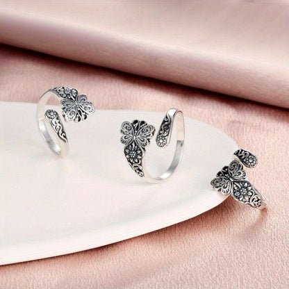 Vintage Floral Butterfly Adjustable Silver Spoon Ring