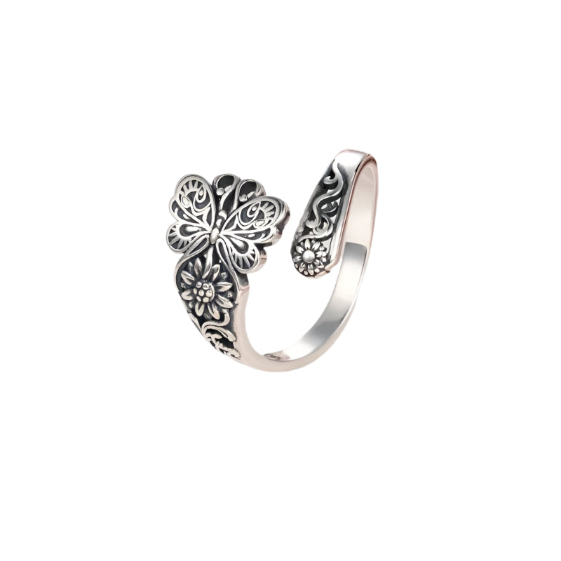 Vintage Floral Butterfly Adjustable Silver Spoon Ring Rebel Spirit Jewelry