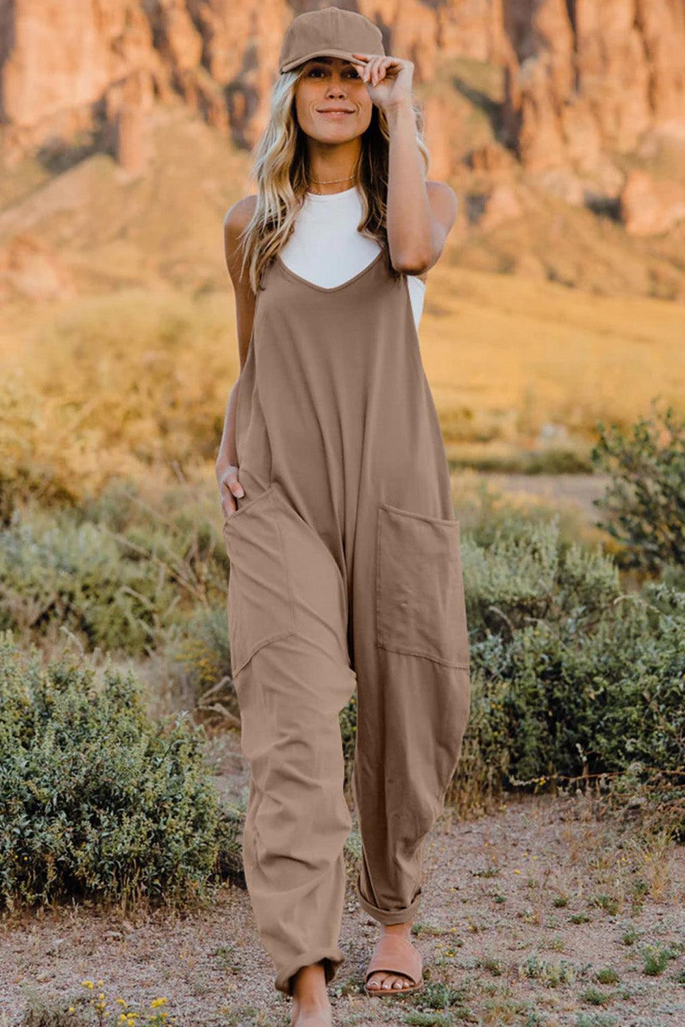 Double Take Full Size V-Neck Sleeveless Jumpsuit with Pockets - Rebel Spirit Designs Double Take Full Size V-Neck Sleeveless Jumpsuit with Pockets