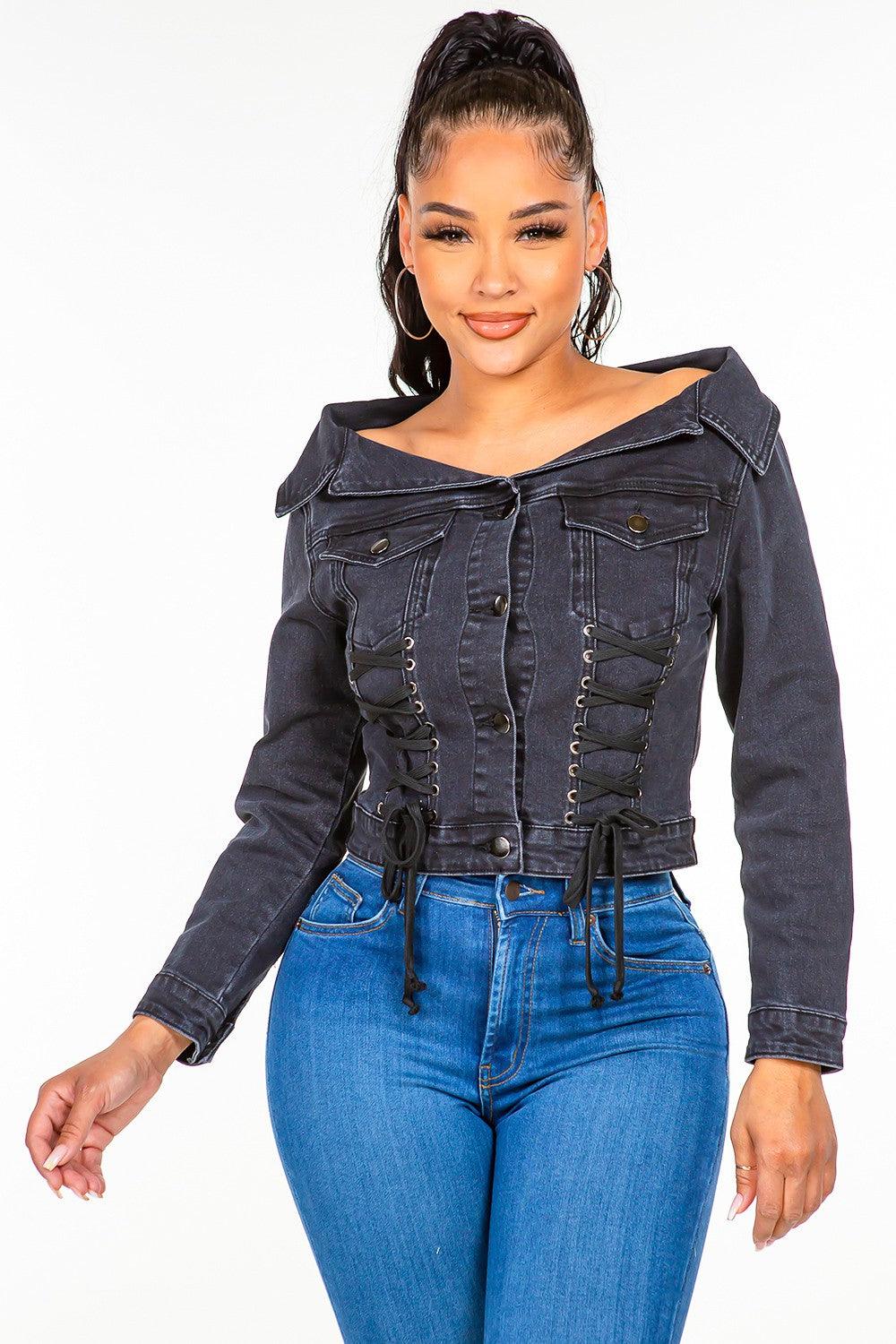 Black American Bazi Off Shoulder Lace Up Denim Jacket for Woman - Rebel Spirit Designs Black American Bazi Off Shoulder Lace Up Denim Jacket for Woman