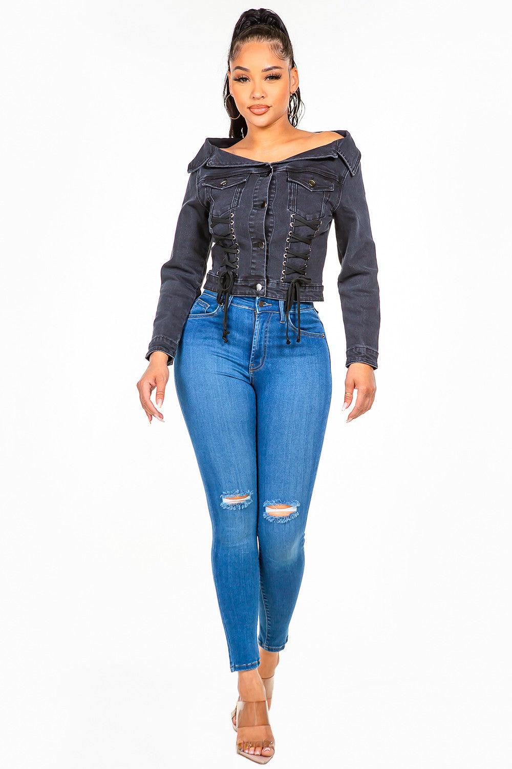 Black American Bazi Off Shoulder Lace Up Denim Jacket for Woman - Rebel Spirit Designs Black American Bazi Off Shoulder Lace Up Denim Jacket for Woman